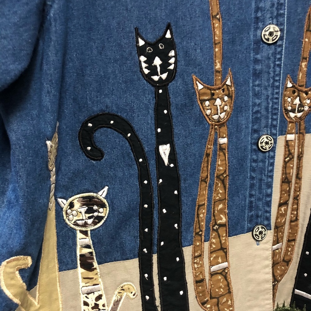 Cat Trio embroidered Denim Blouse